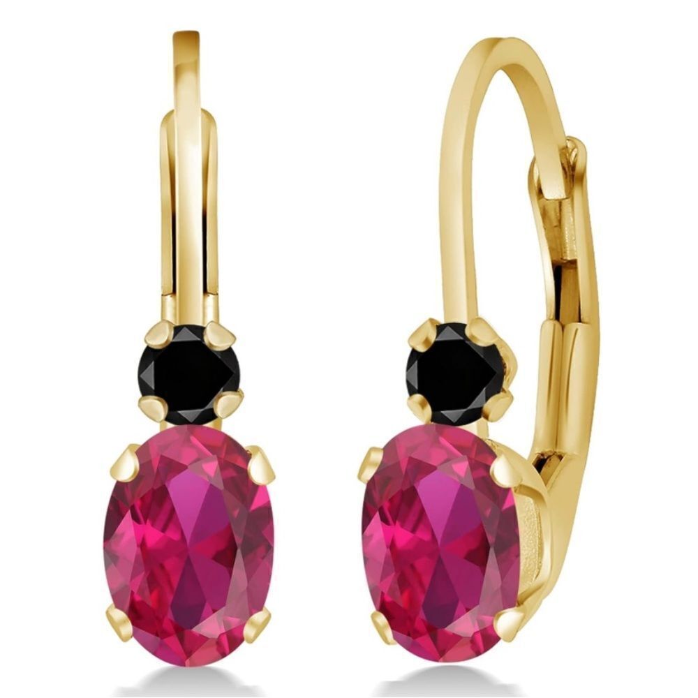14K Yellow Gold with 1.07 Cttw Ruby and Black Diamond Leverback Drop Earrings